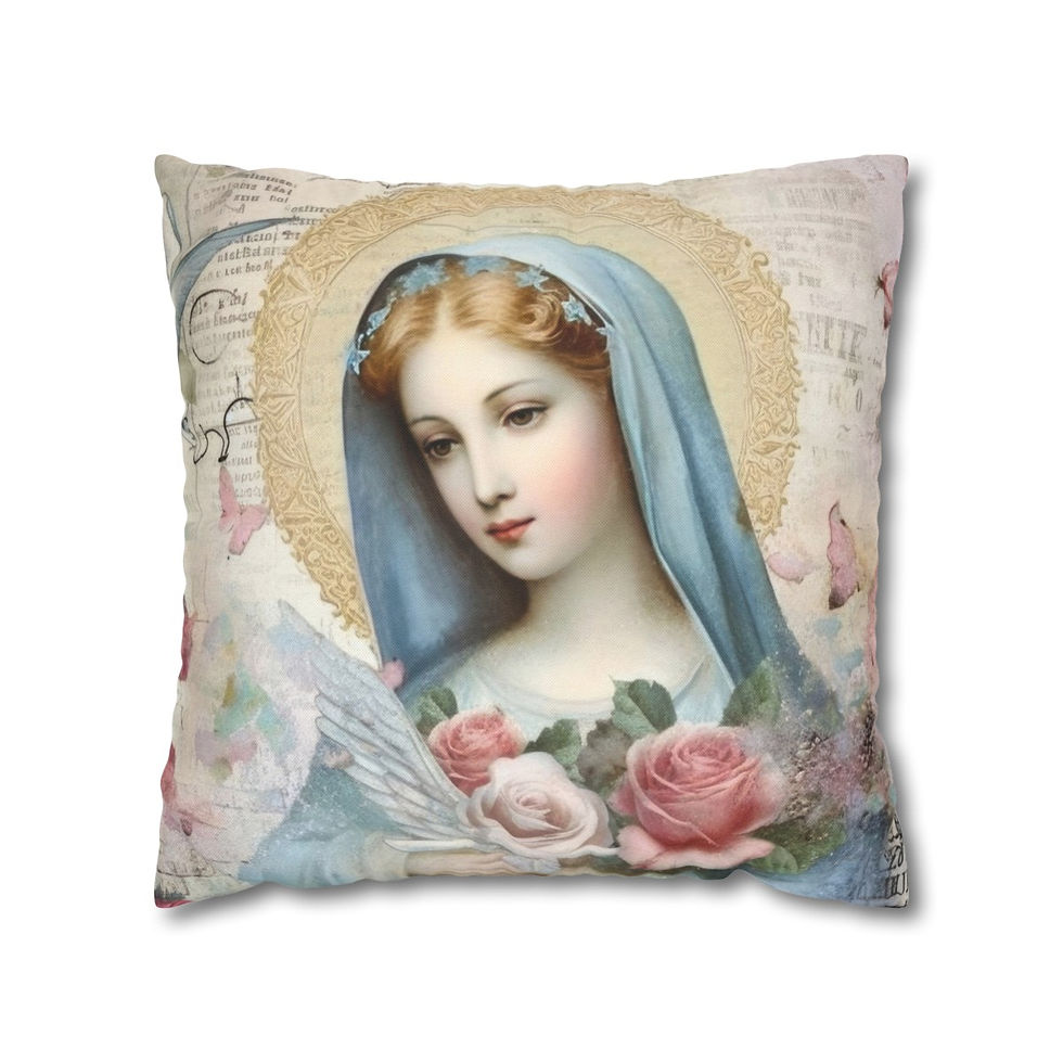 Thumbnail: Shabby Virgin Mary Throw Pillow cover Pink Roses Pastel Art Catholic Faith Decor