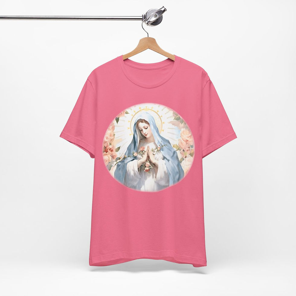 Thumbnail: Virgin Mary T-Shirt Pink Rose Shabby Chic Ave Maria Art Tee Catholic Faith Gift