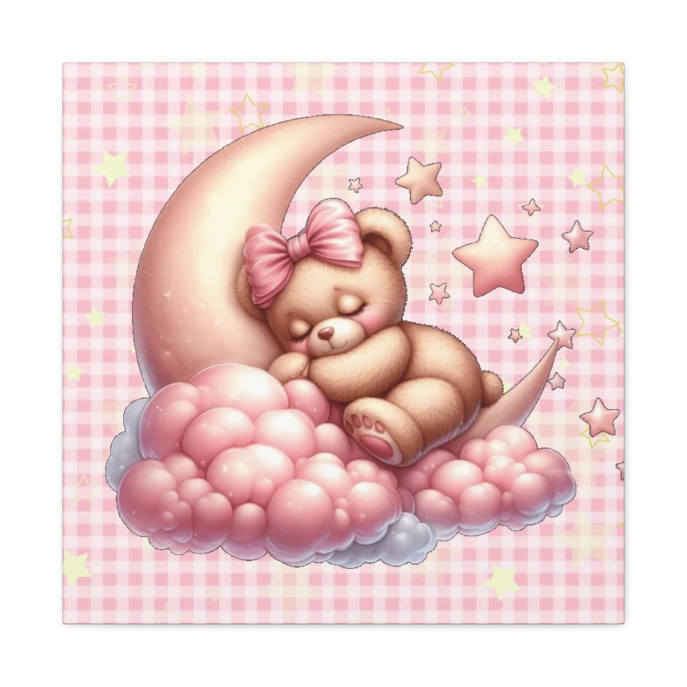 Thumbnail: Artistic Nursery Decor Canvas Art Sleepy Bear Crescent Moon Pink Canvas Print 