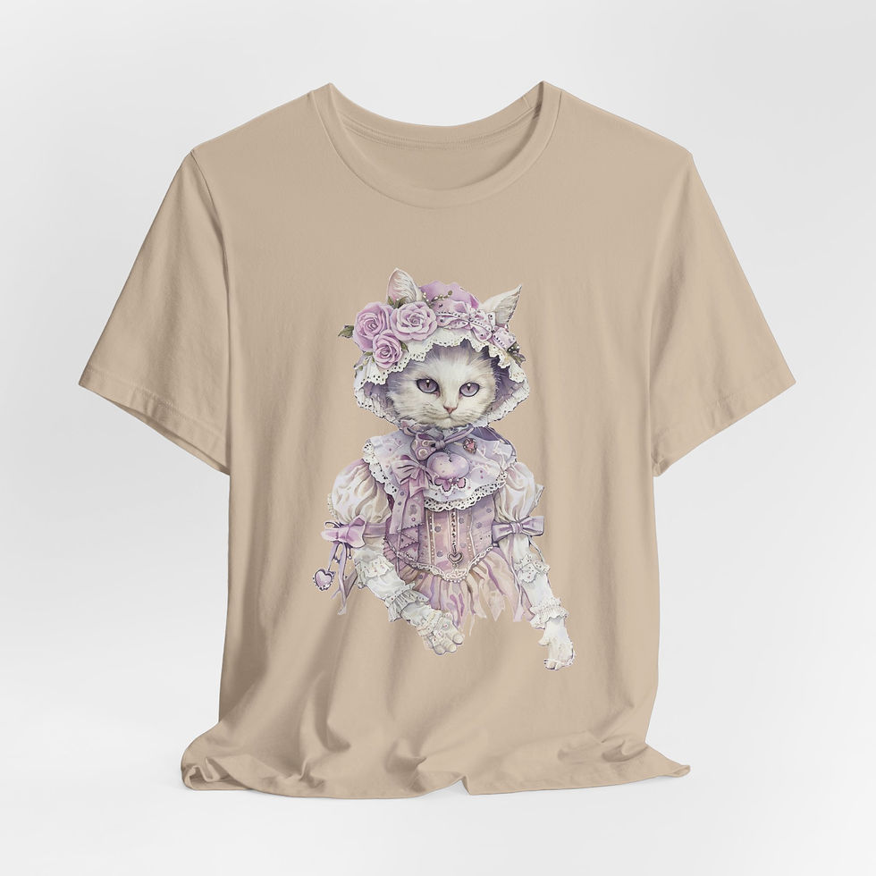 Thumbnail: Victorian White Cat Art T-Shirt Shabby Roses Bonnet Hat Artistic Cat Lover Gift