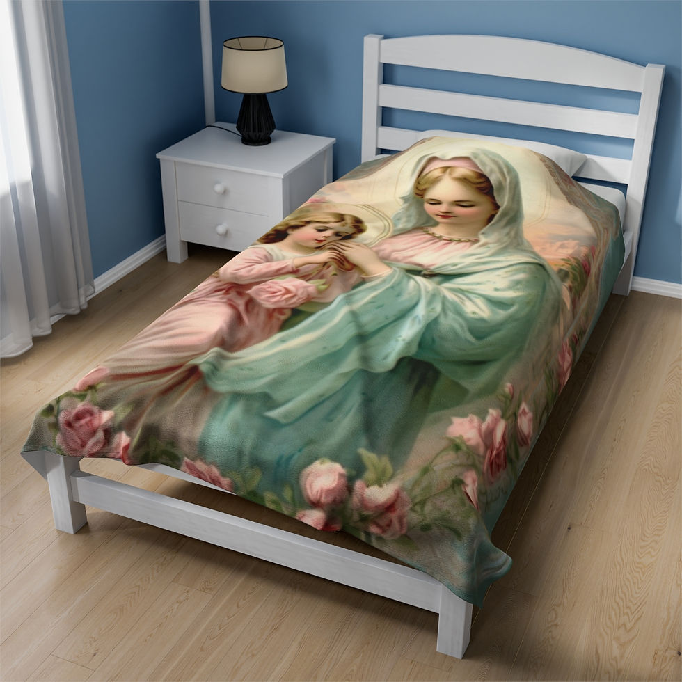 Thumbnail: Shabby Throw Blanket Virgin Mary Praying Aqua & Pink French Decor Catholic Gift
