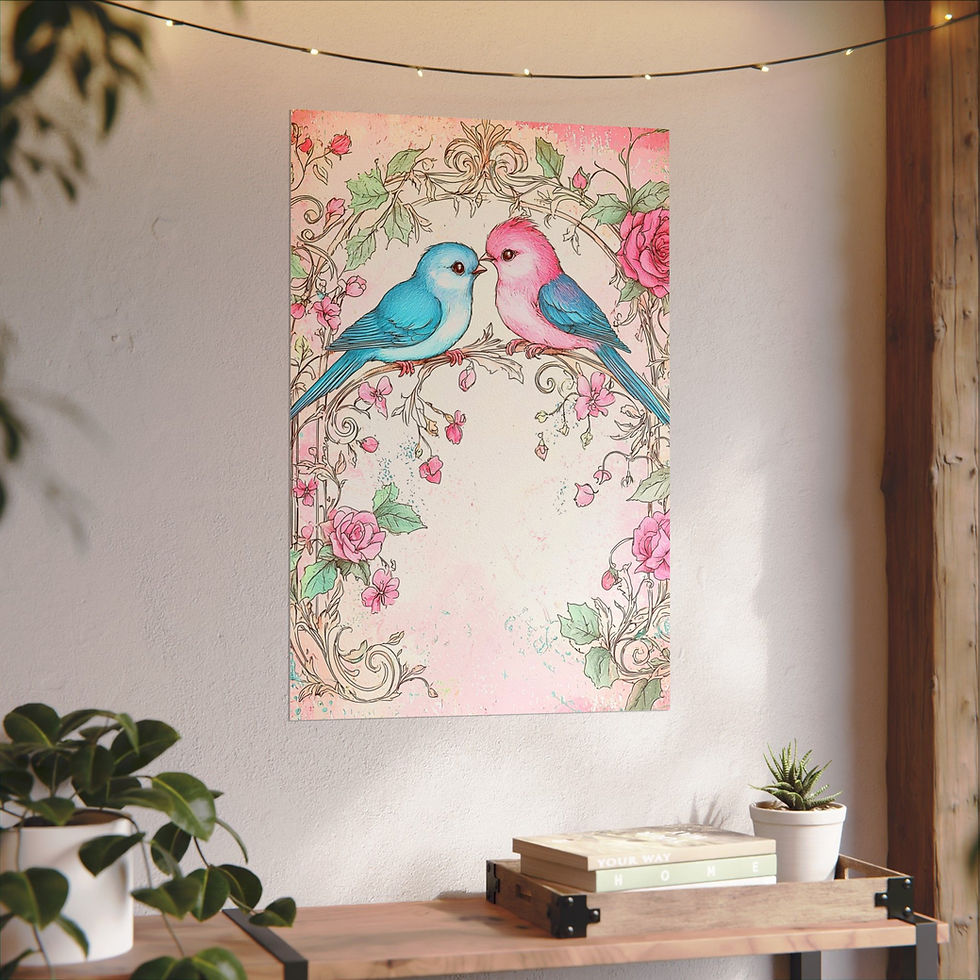 Thumbnail: Love Birds Watercolor Art Print Shabby Pink Roses French Country Bird Decor