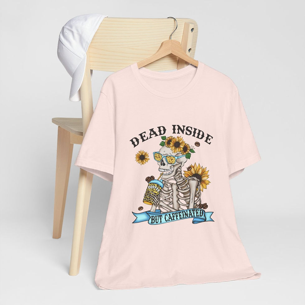 Thumbnail: Artistic T-Shirt Coffee Drinking Skeleton Dead Inside Wearable Art Unique Gifts