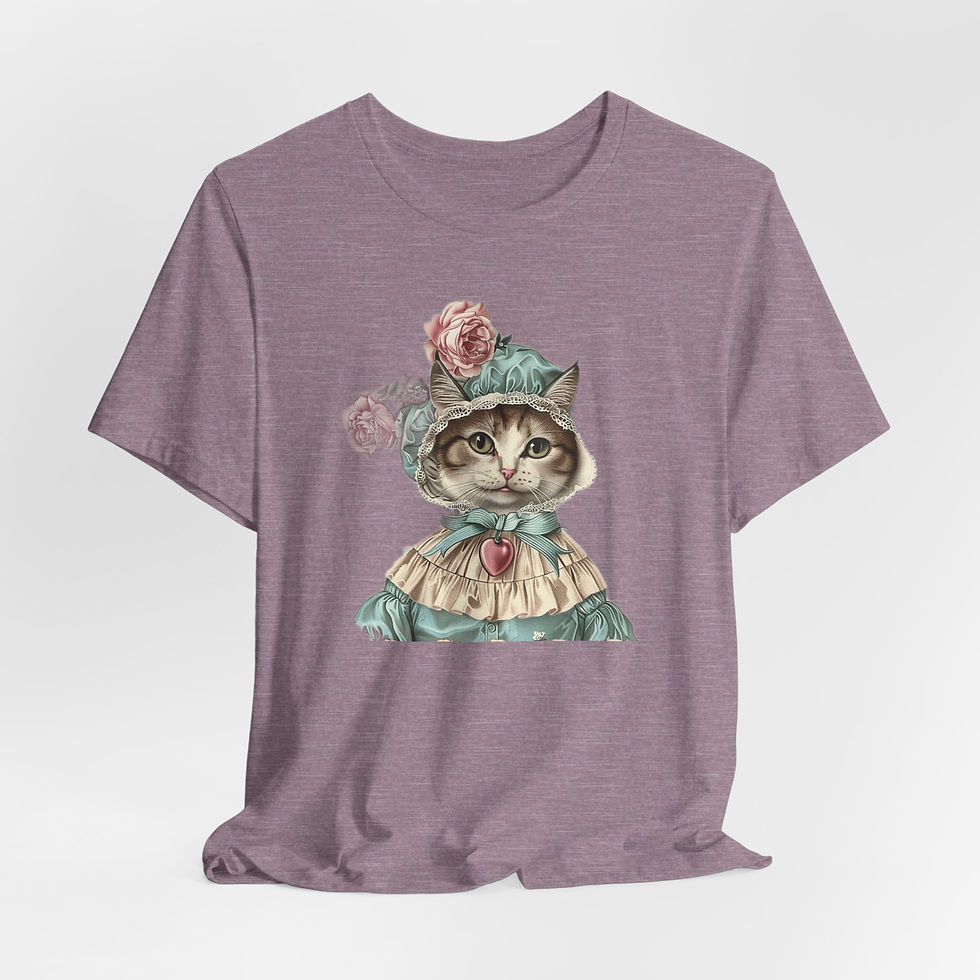 Thumbnail: Victorian Cat Art T-Shirt Shabby Mint & Pink Hat Roses Artistic Cat Lover Gift
