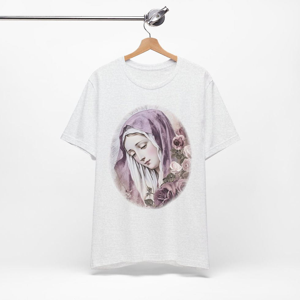 Thumbnail: Lavender Virgin Mary T-Shirt Shabby Roses Ave Maria Art Tee Catholic Faith Gifts