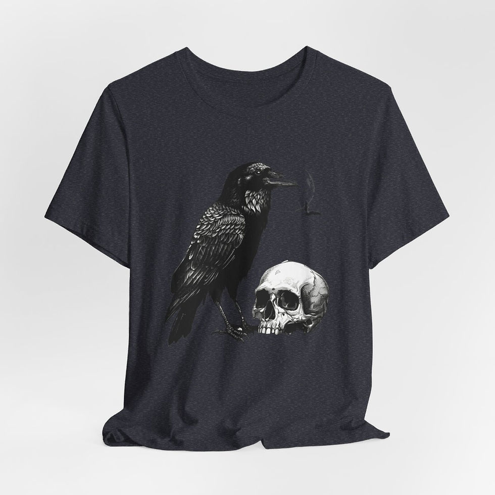 Thumbnail: Witchy T-Shirt Black Raven Skull Bat Art Tee Esoteric Expressive Halloween Gifts