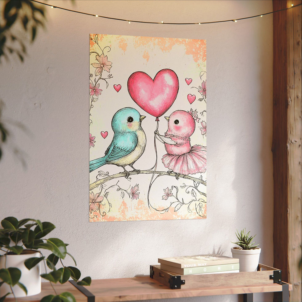 Thumbnail: Love Birds Watercolor Art Print Shabby Hearts Flowers French Country Bird Decor