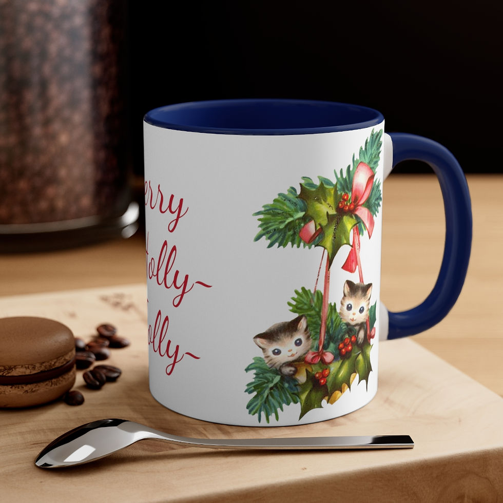 Thumbnail: Retro Kitten Christmas Coffee Mug 1950s Merry Holly Jolly Cat Lover Holiday gift