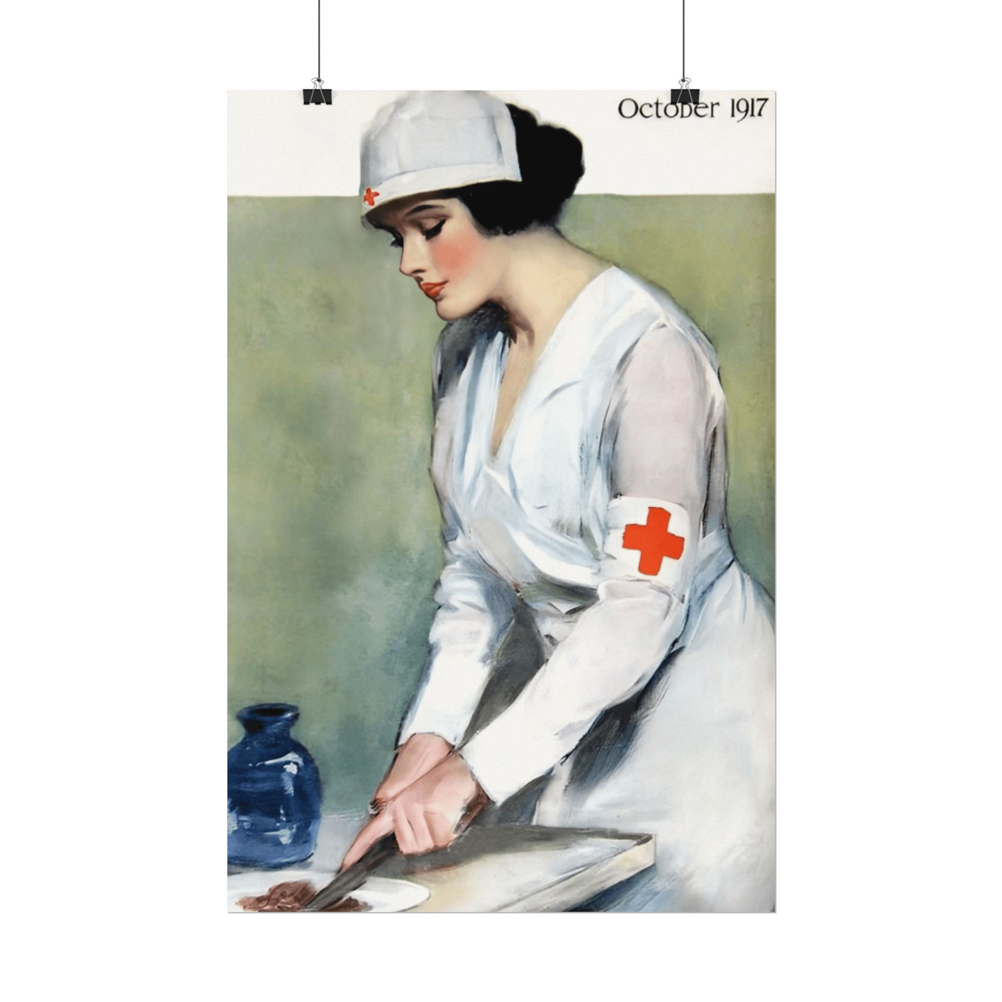 Vintage Watercolor Print Red Cross Nurse WWI Clarence Underwood Antique Art