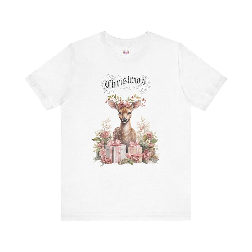 Thumbnail: Shabby Reindeer Christmas T-Shirt Retro Art Tee Vintage style Cottage Pink Roses