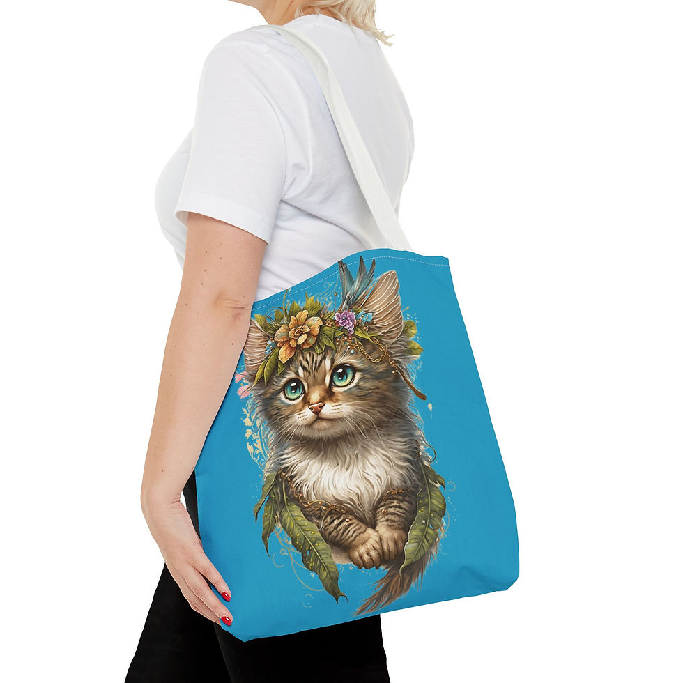 Thumbnail: Boho Cat Tote Bag Shabby Kitten Adorned in Flowers Cat Lover Expressive Gift