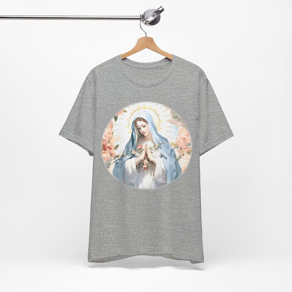 Thumbnail: Virgin Mary T-Shirt Pink Rose Shabby Chic Ave Maria Art Tee Catholic Faith Gift