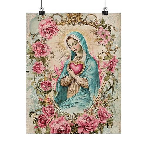 Shabby French Virgin Mary Print Mother Mary Immaculate Pink Rose Giclee Wall Art