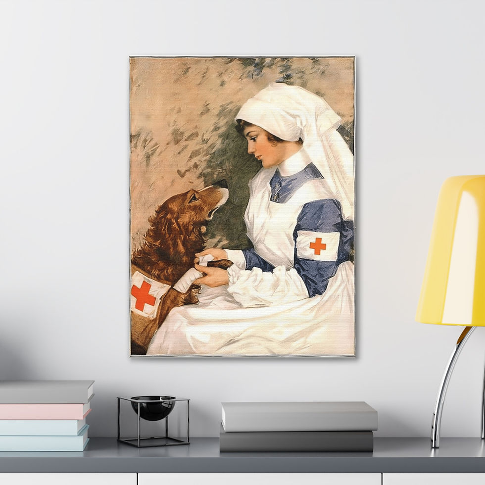 Thumbnail: Vintage Art Canvas Red Cross Nurse & Red Cross Dog WWI 1917 Antique Wall Decor 
