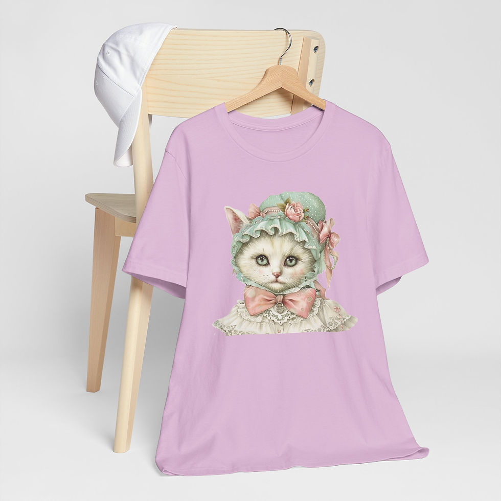 Thumbnail: Victorian Cat Art T-Shirt Shabby Mint & Pink Hat Roses Artistic Cat Lover Gift