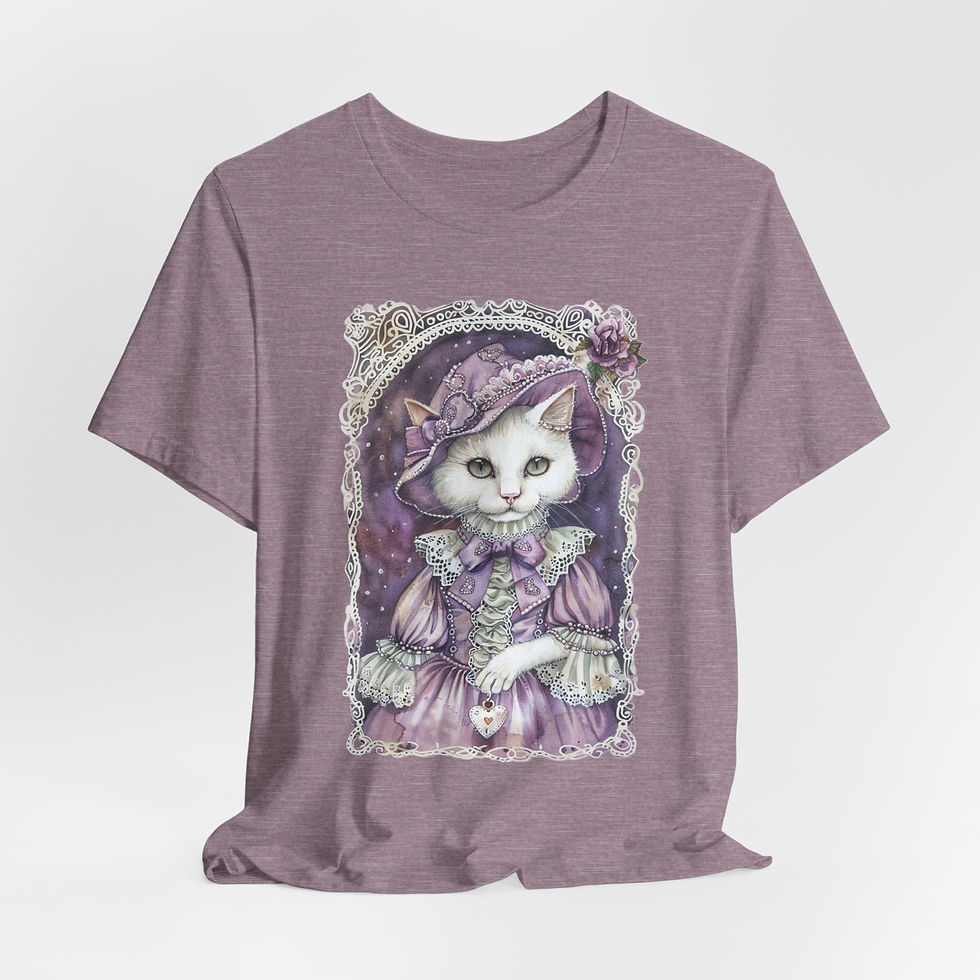 Thumbnail: Victorian White Cat Art T-Shirt Shabby Bonnet Hat Pastel Artistic Cat Lover Gift