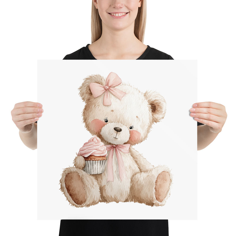 Children's Nursery Decor, Victorian Bear w/ Cupcake Watercolor Art Print, pink