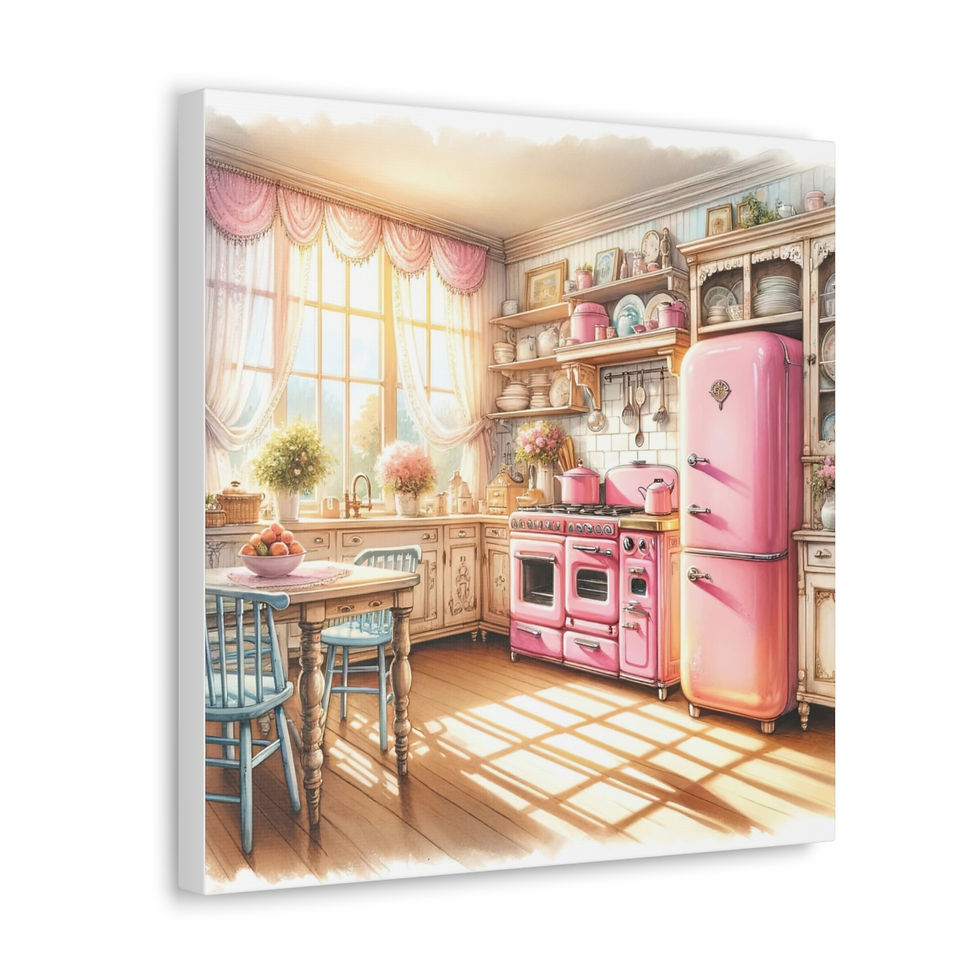 Thumbnail: Pink Retro Kitchen Art Shabby Cottage Farmhouse Kitchen Art Canvas Wall decor
