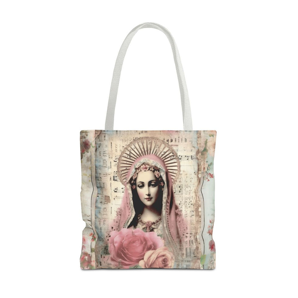 Thumbnail: Artistic Shabby Virgin Mary Tote Bag Pastel Blue Pink Roses Serene Catholic Gift