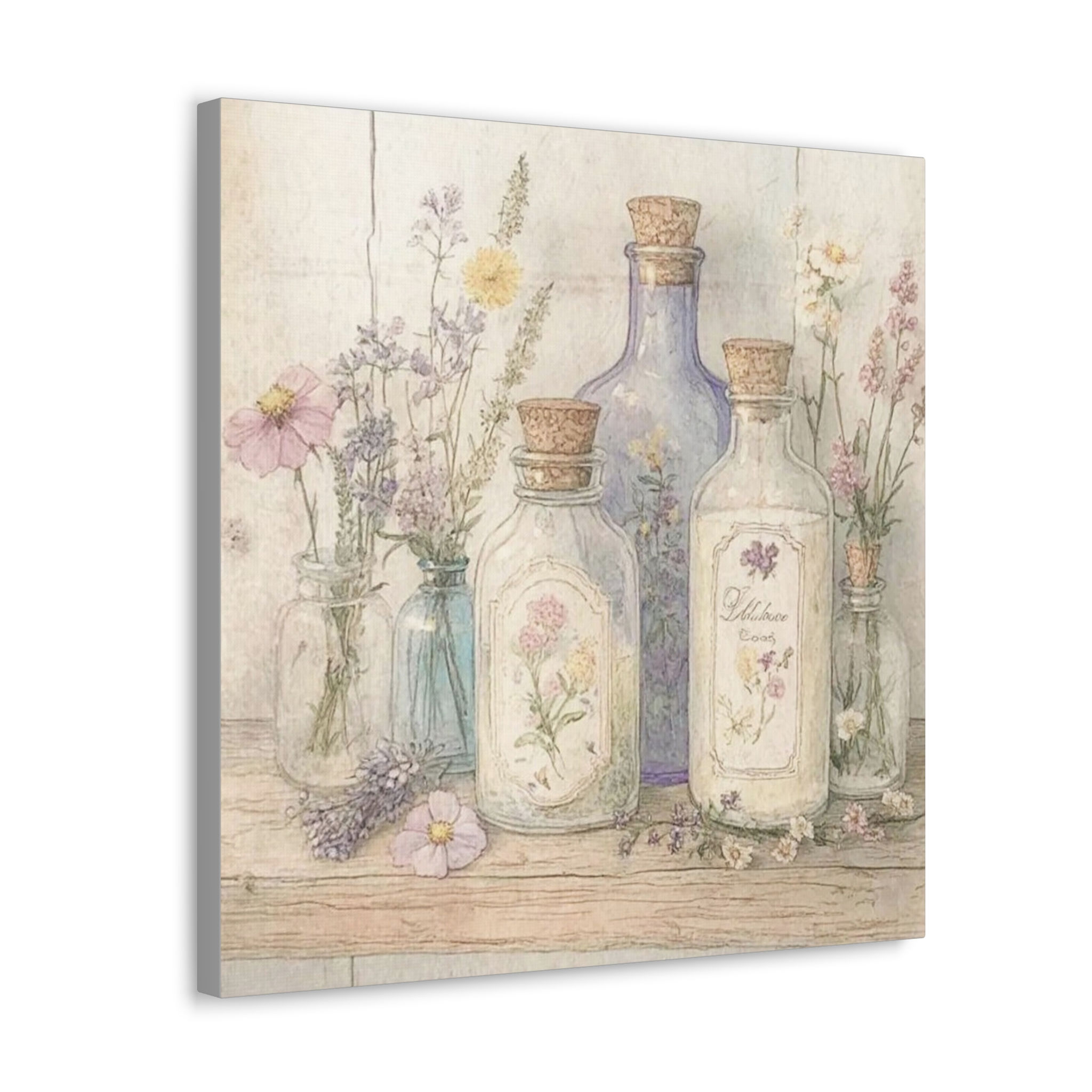 Shabby Canvas Art Apothecary Bottles Flowers French Country Cottage wall decor 