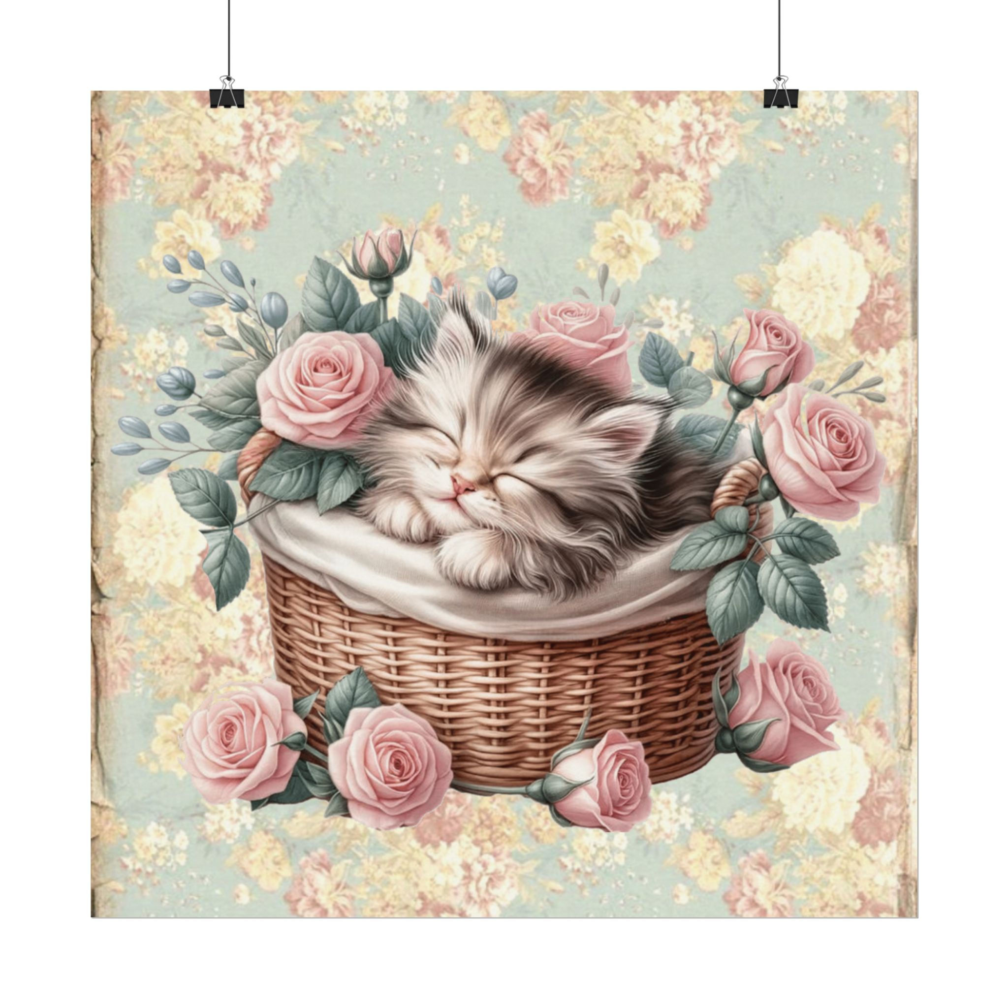 Cat Watercolor Art Print Kitten Sleeping in a Basket w/ Pink Roses Shabby Decor