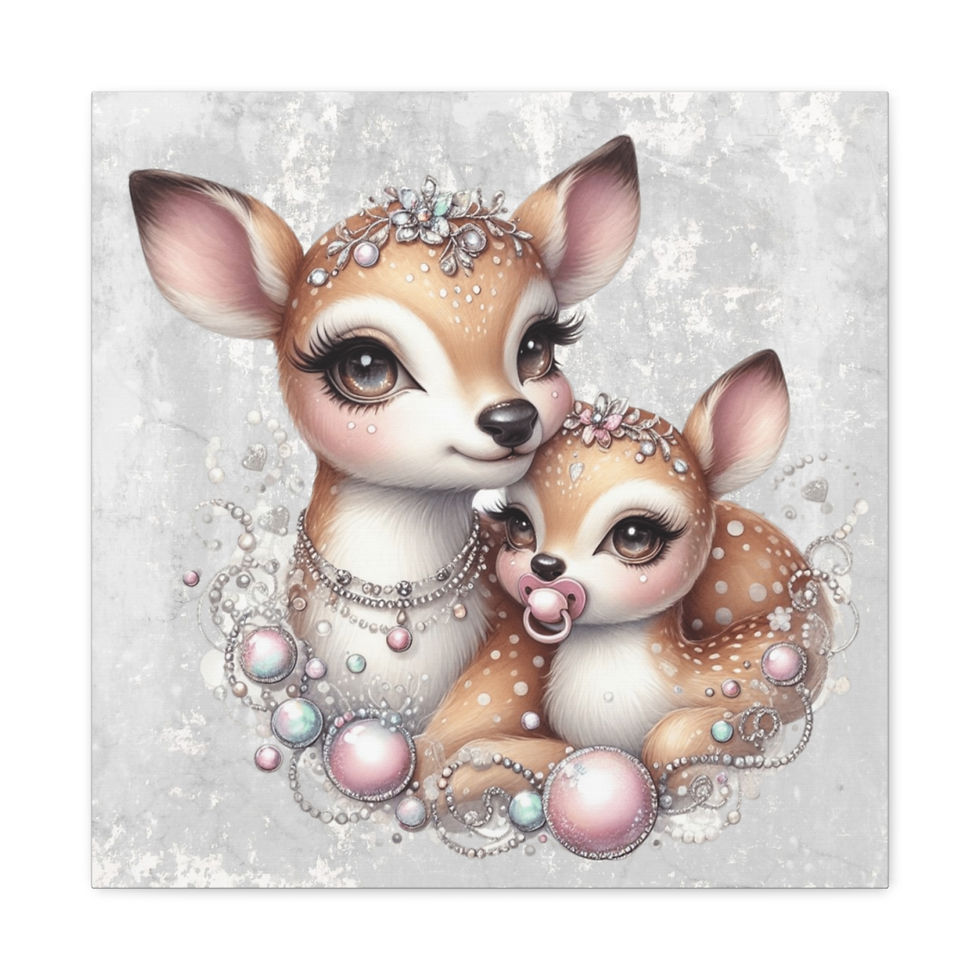 Thumbnail: Artistic Nursery Decor Canvas Art Shabby Jeweled BOHO Mom & Baby Deer Flowers