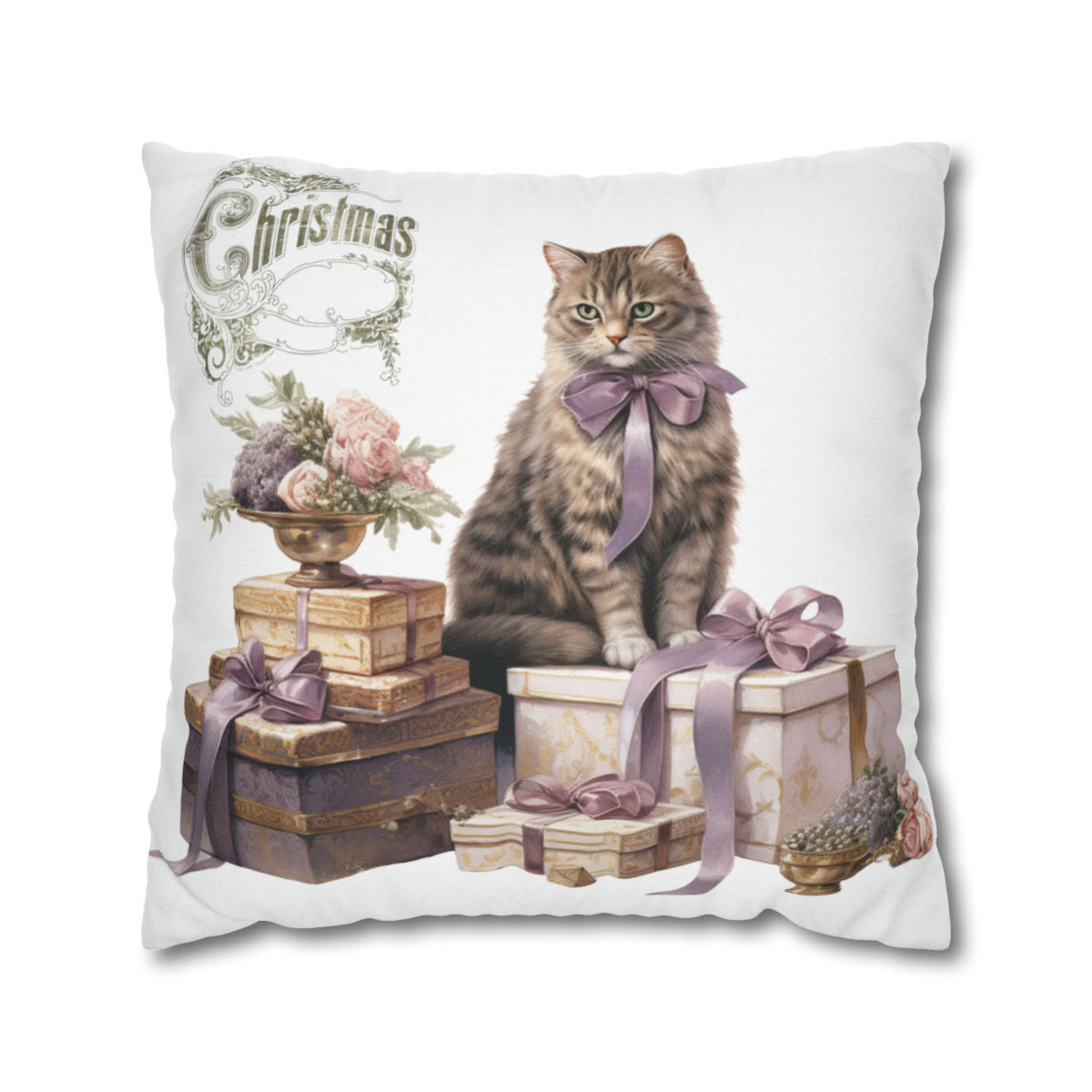 Shabby Cat Christmas Throw Pillow cover Purple Victorian Kitty Holiday Decor