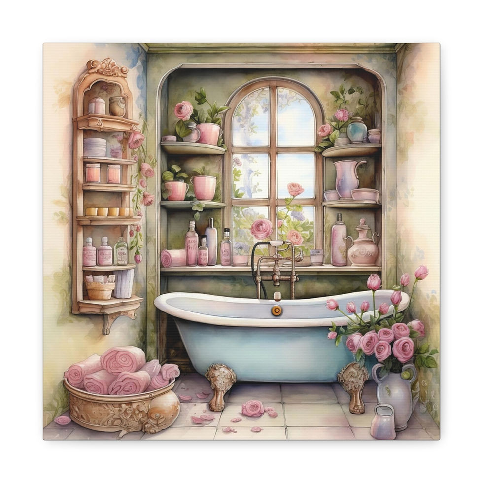 Thumbnail: Vintage Shabby Bathroom Art Victorian Tub Pink Roses French Country Canvas Print