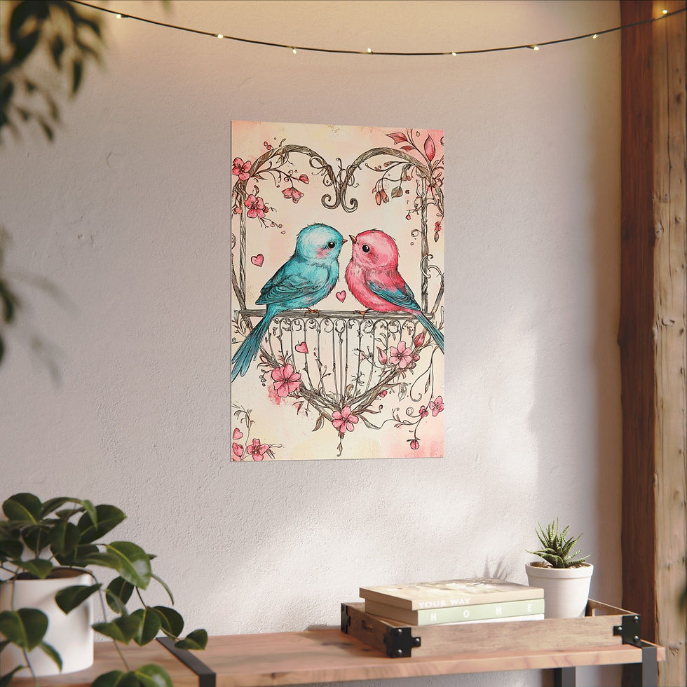 Thumbnail: Love Birds Watercolor Art Print Shabby French Country Decor Pastel Pink & Blue