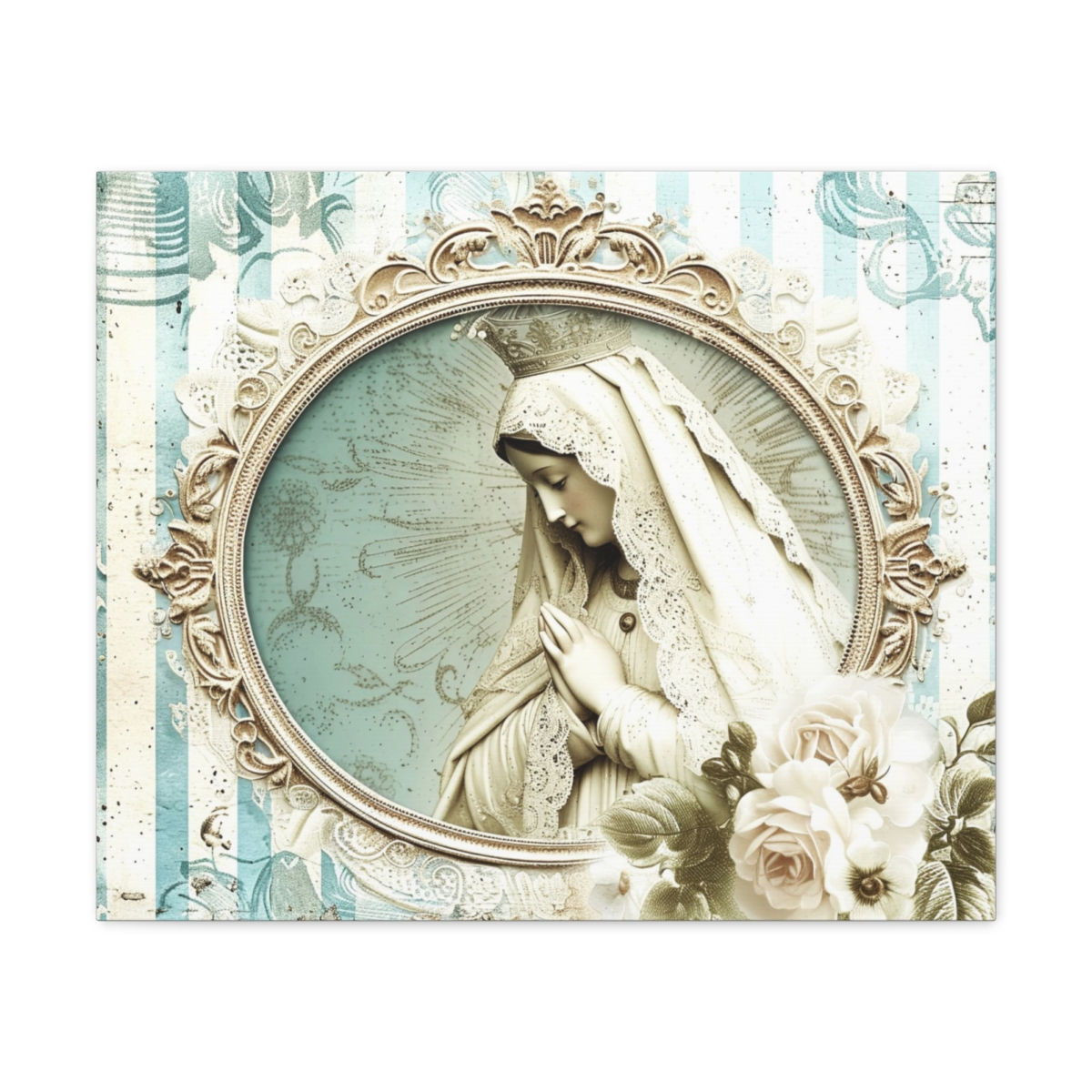 Virgin Mary Canvas Art Shabby French Country Pink Roses Pastel Religious Decor
