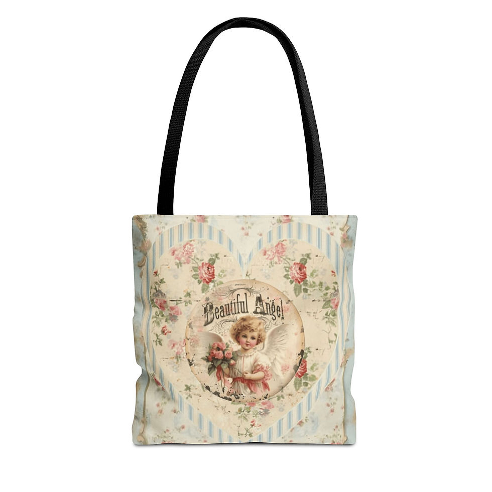 Thumbnail: Vintage Angel Art Tote Bag Shabby Cherub Pink Roses Expressive Artistic Gift 