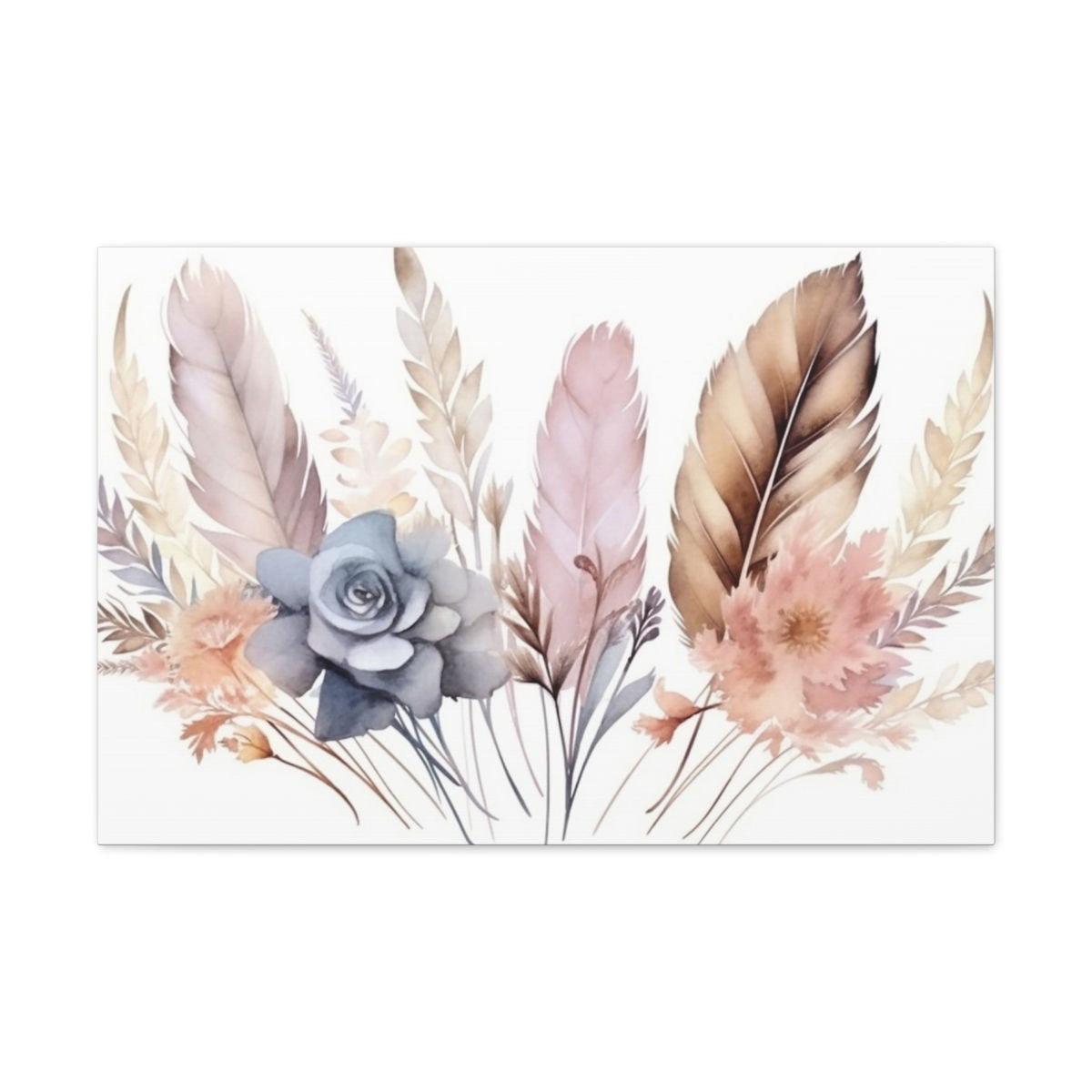 Shabby Boho Canvas Art Feathers and Flowers Watercolor Wall Decor 