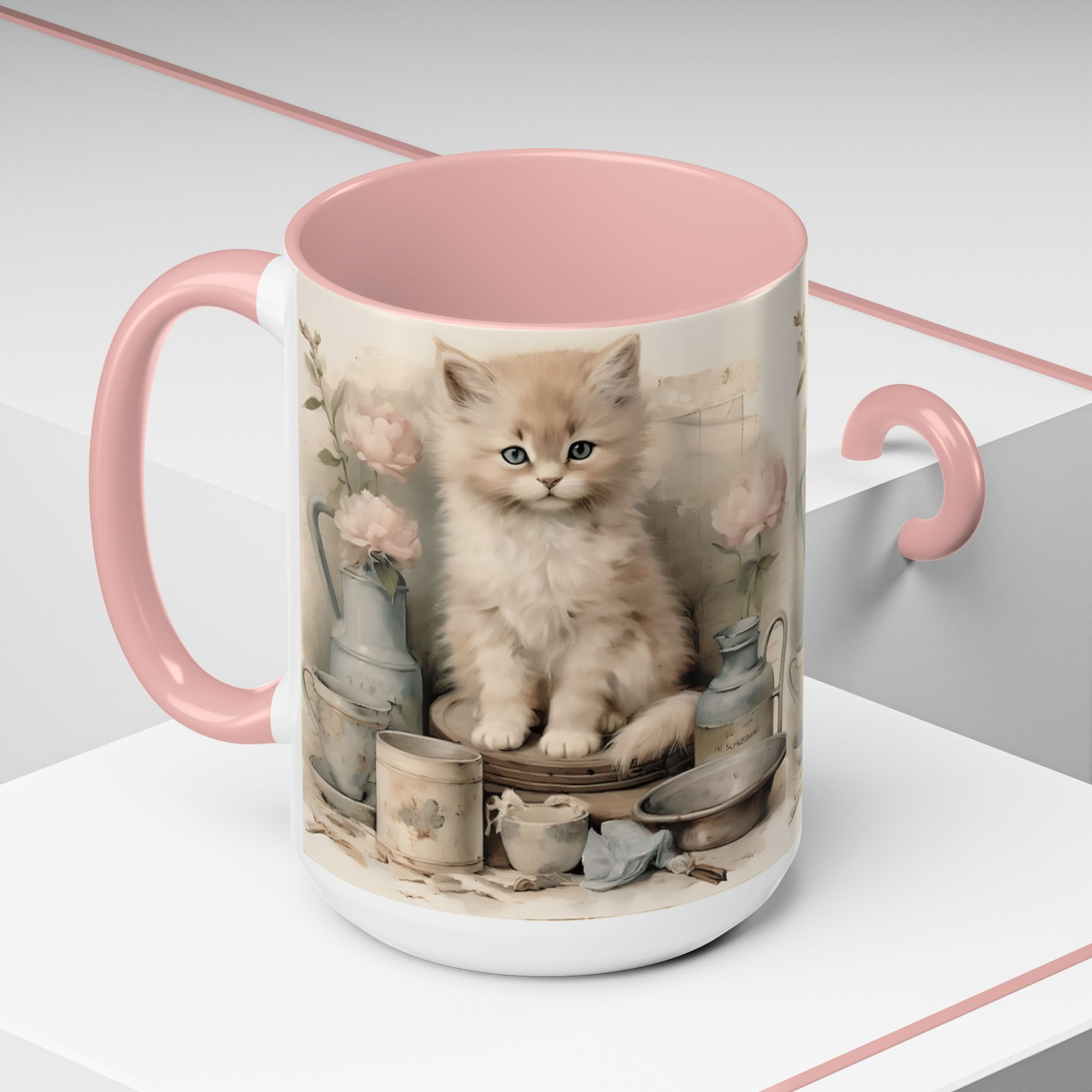 Artistic Cat Coffee Mug Shabby Kitten Gift Victorian Farmhouse Art Kitchen Decor