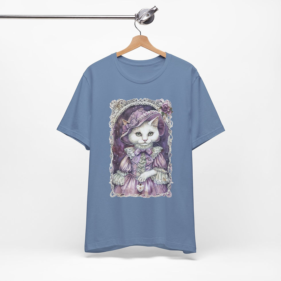 Thumbnail: Victorian White Cat Art T-Shirt Shabby Bonnet Hat Pastel Artistic Cat Lover Gift