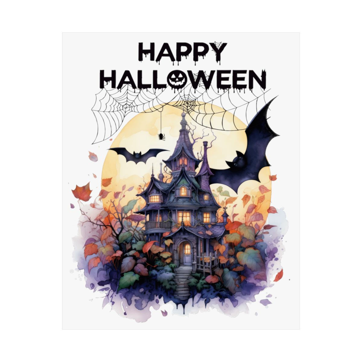 Spooky Halloween Art Print Haunted House Bats Spider Artistic Decor Wall Hanging