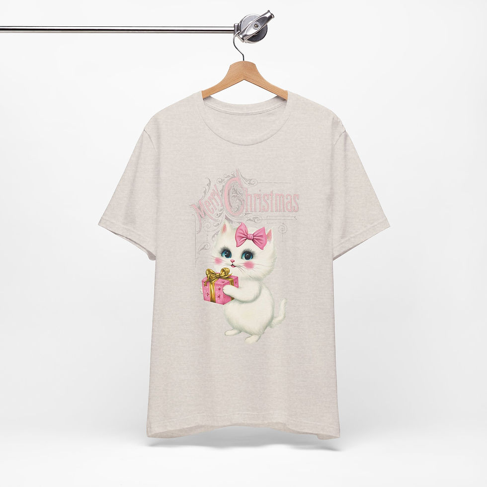 Thumbnail: Christmas Kitten T-Shirt Shabby Pink and White Cat Artistic Gift Cat Lover Tee