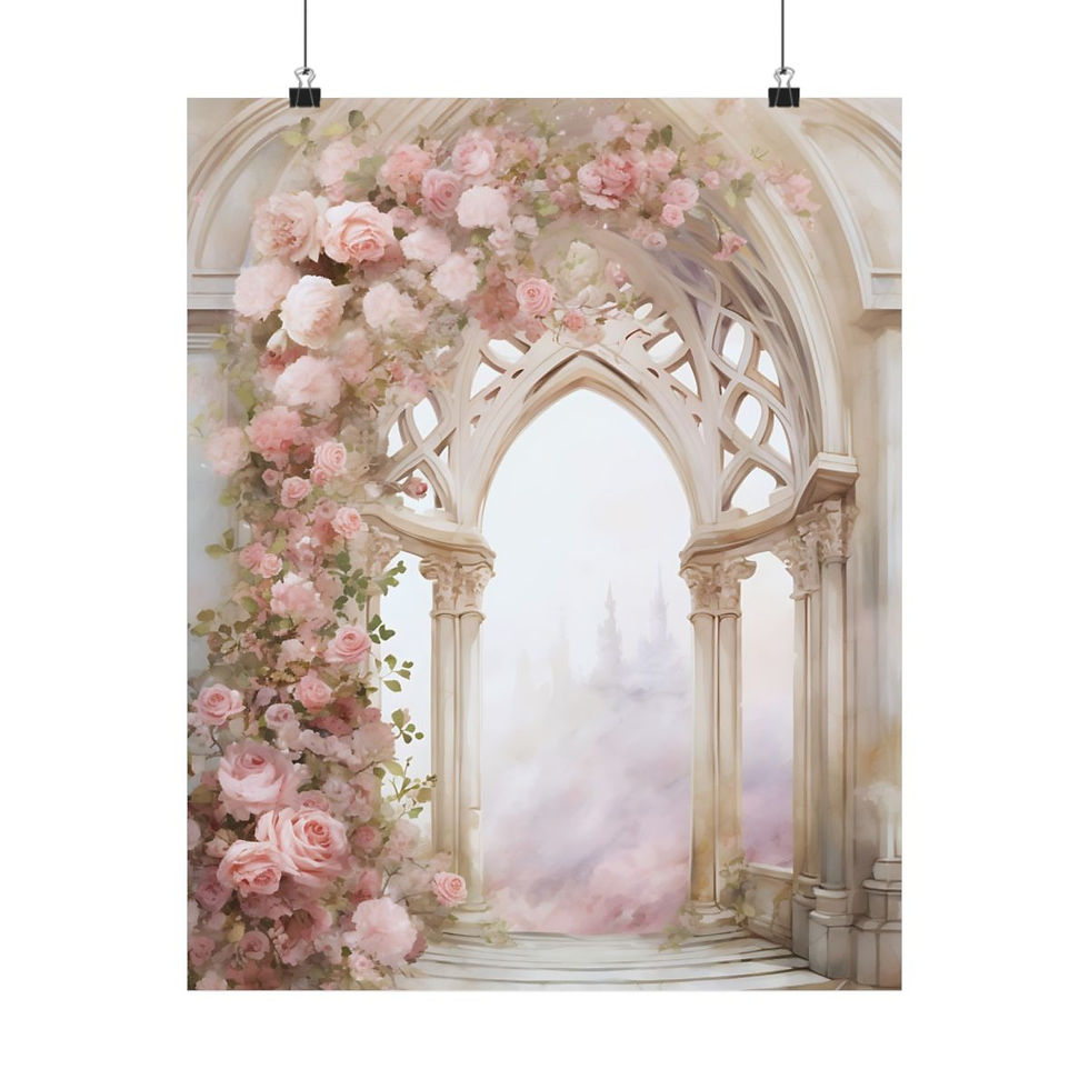 Thumbnail: Shabby French Art Print Pink Roses Garden Archway Victorian Cottage Decor