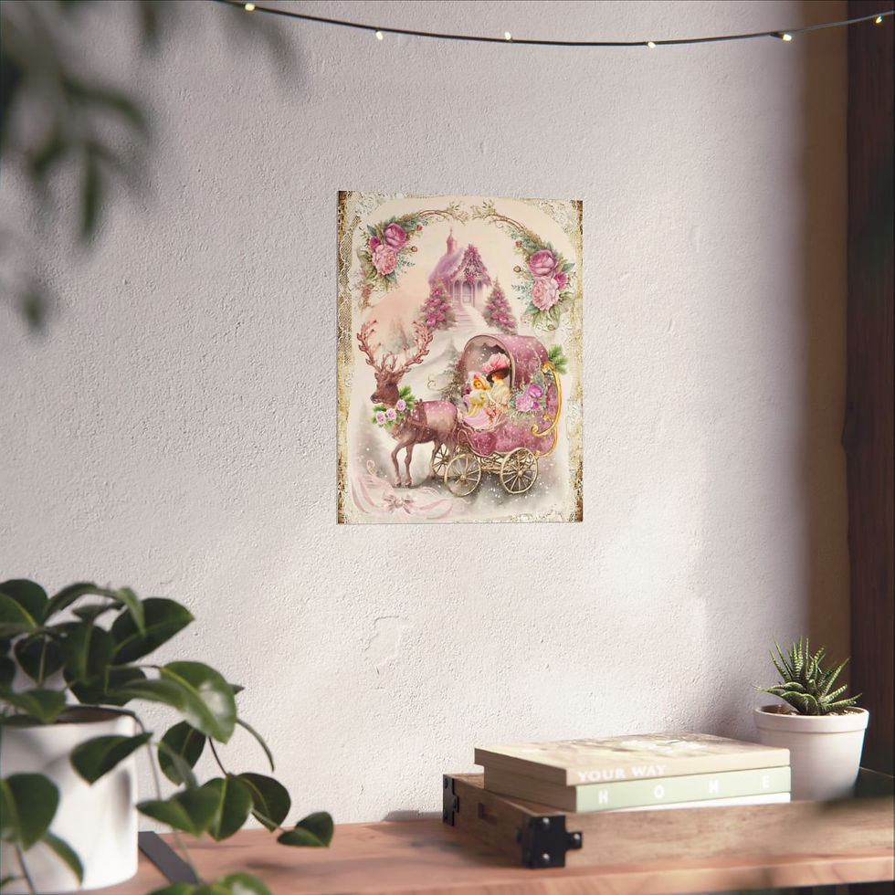 Thumbnail: Shabby Art Print Pink Roses Sleigh Reindeer Victorian Woman Christmas Decor