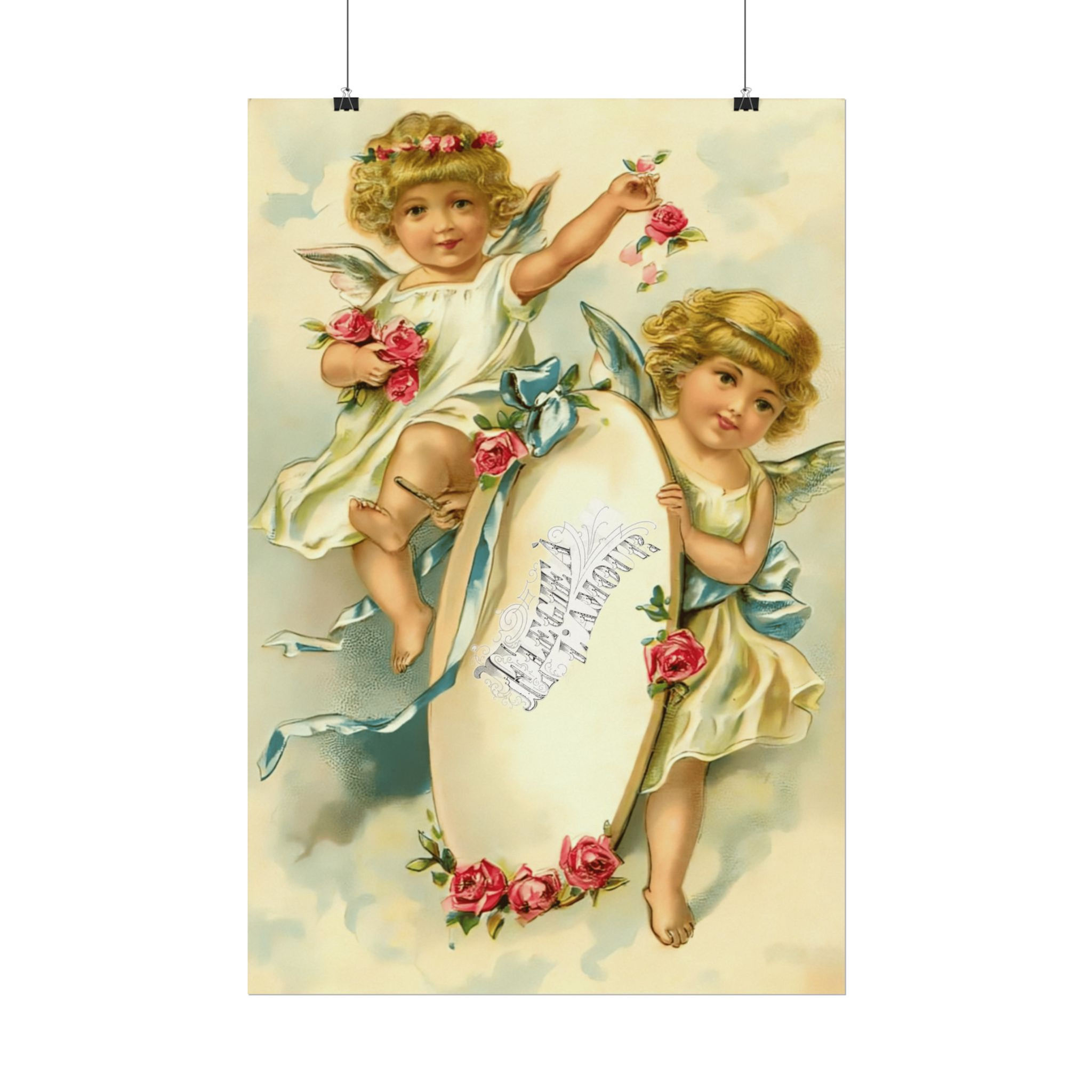 Shabby French Cherub Watercolor Art Elegie a L'amour Pink Roses Angel Wall decor