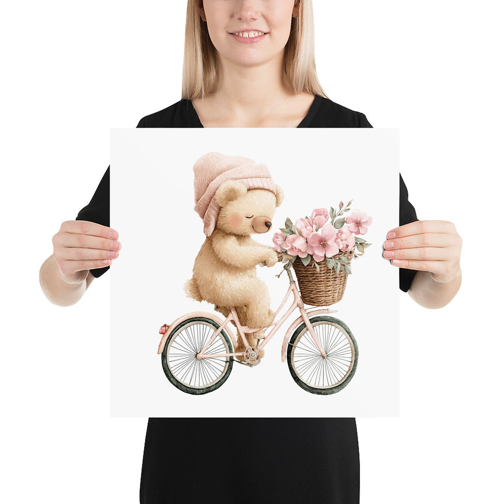 Thumbnail: Children's Nursery Decor, Shabby Baby Bear on Bicycle Watercolor Art Print, Pink