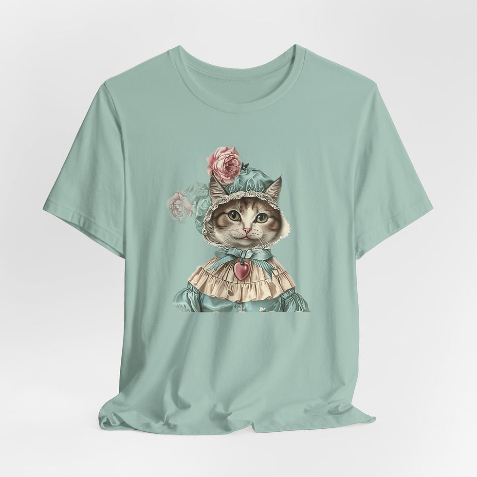 Thumbnail: Victorian Cat Art T-Shirt Shabby Mint & Pink Hat Roses Artistic Cat Lover Gift