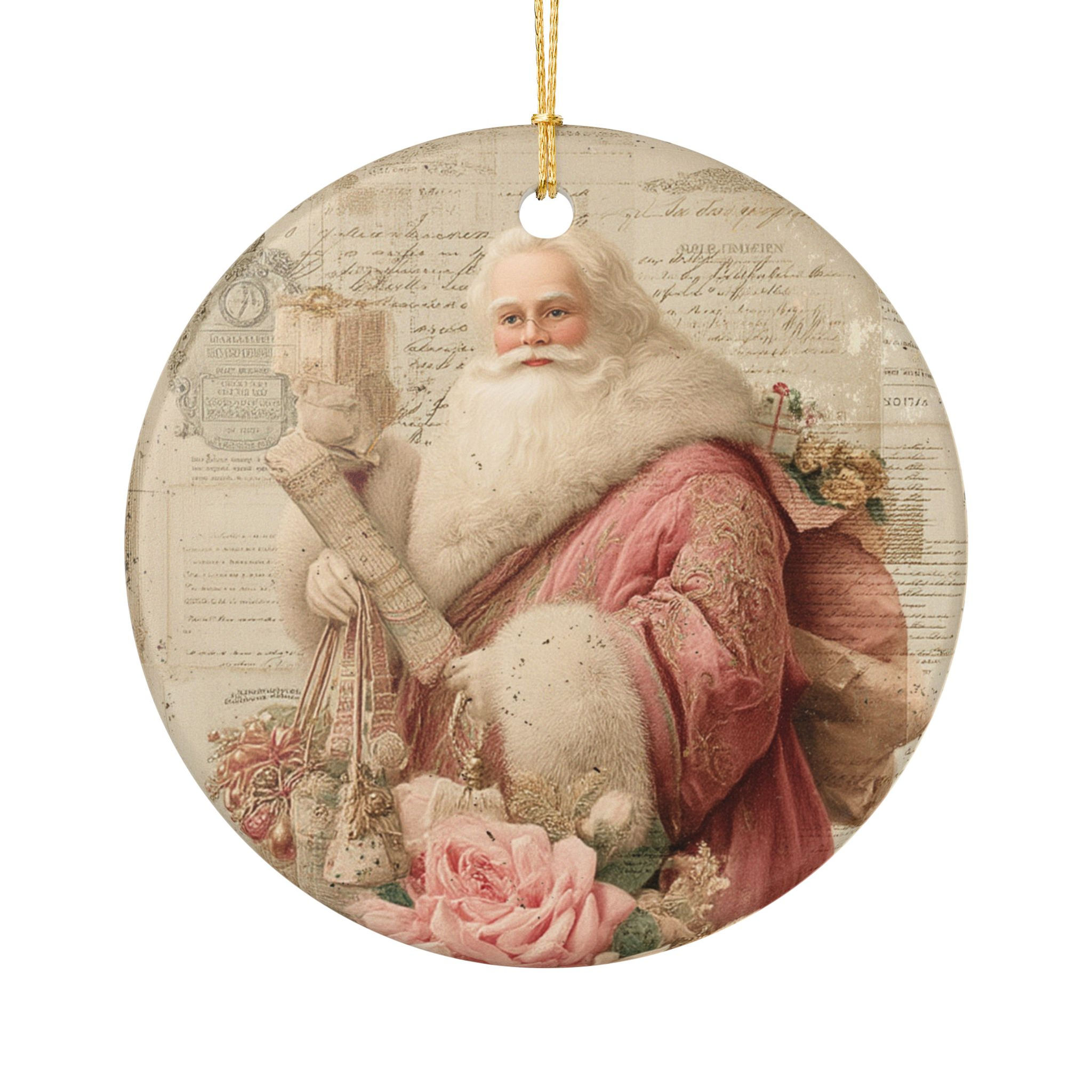 Victorian Santa Claus Christmas Ornament – Vintage Shabby Chic Pink Roses