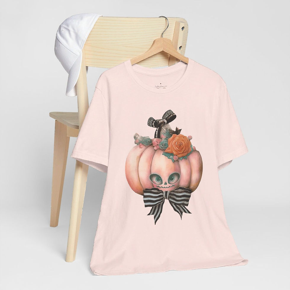 Thumbnail: Halloween T-Shirt Creepy Pumpkin Shabby Pink Roses Art Tee Trendy Apparel Gift