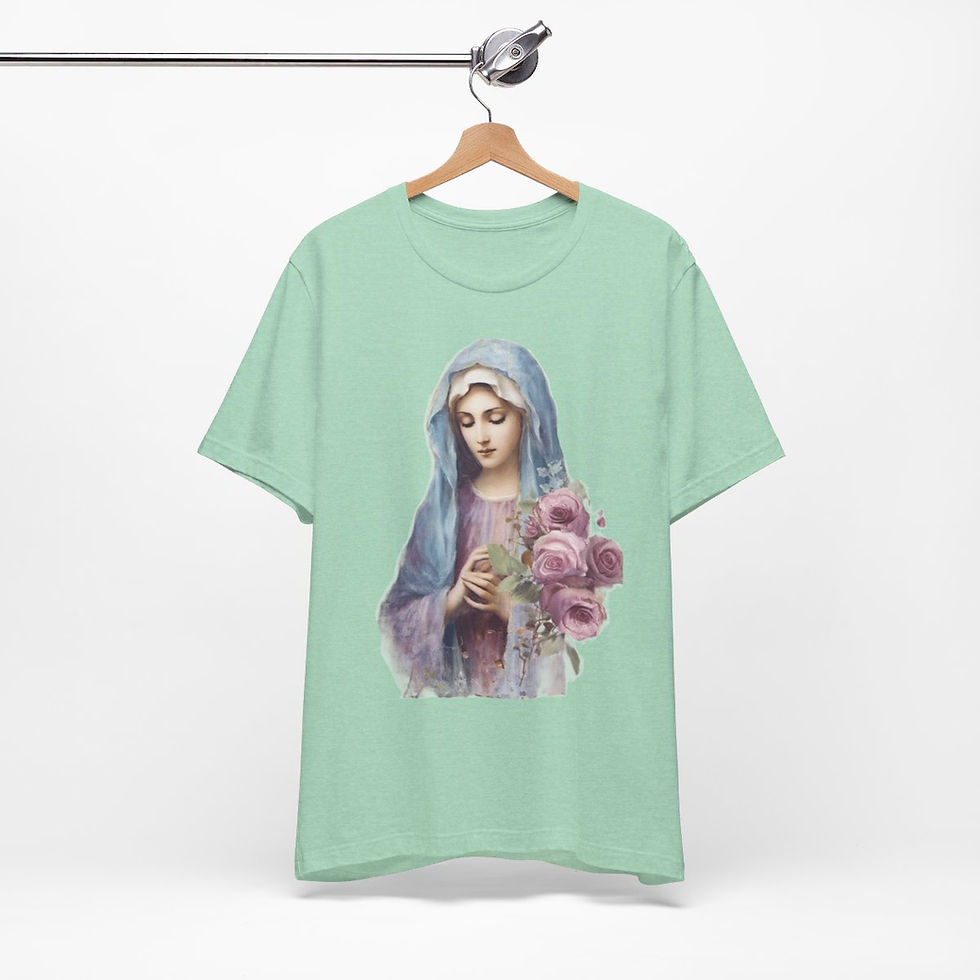 Thumbnail: Virgin Mary T-Shirt Shabby Pink Roses Ave Maria Art Tee Catholic Faith Gift