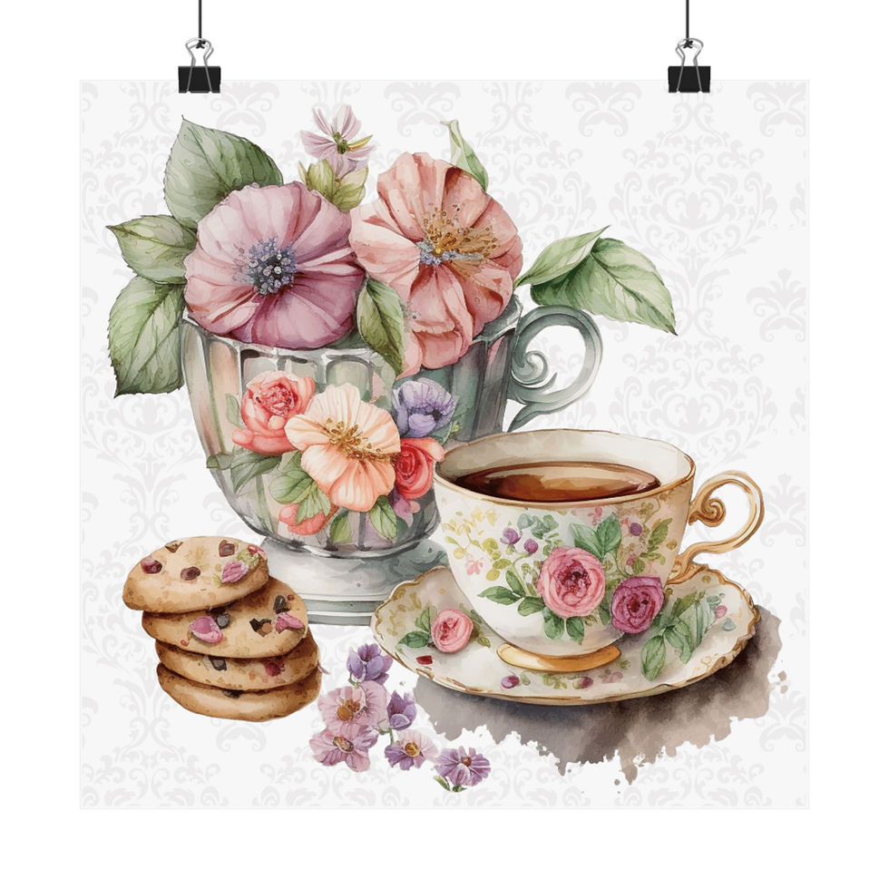 Thumbnail: Shabby Tea Art Print Victorian Teapot & Teacup French Cottage Kitchen Decor