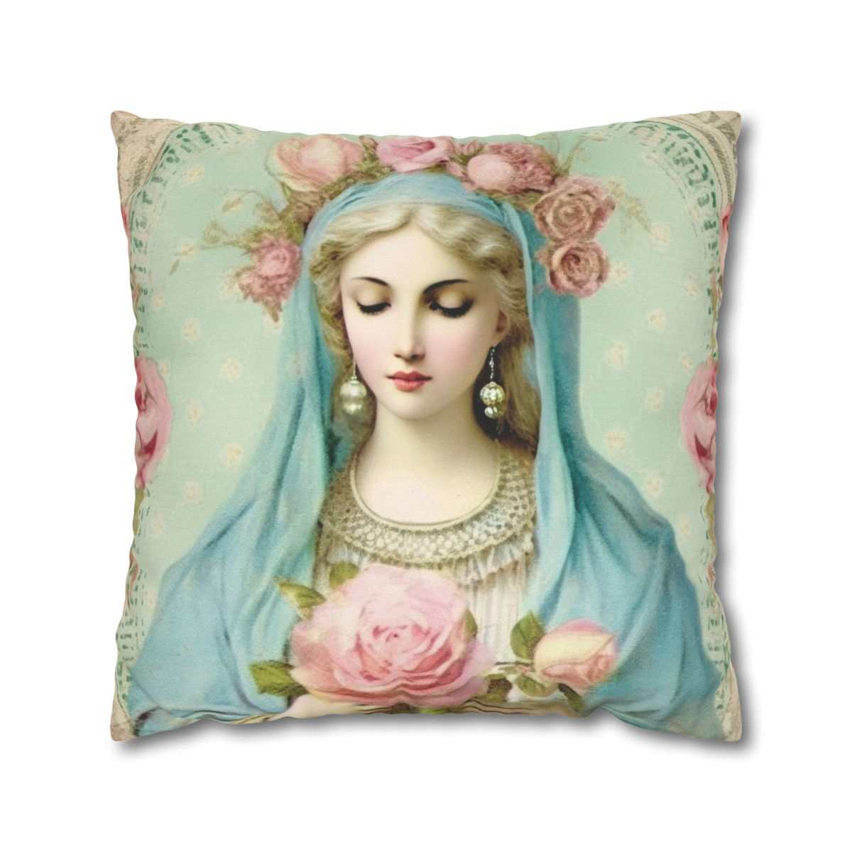 Shabby Chic Virgin Mary Throw Pillow cover Pink Roses Pastel Art Faith Decor