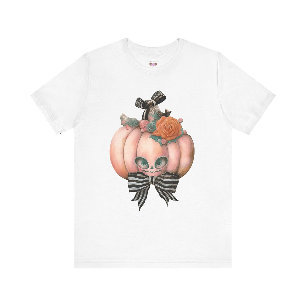 Thumbnail: Halloween T-Shirt Creepy Pumpkin Shabby Pink Roses Art Tee Trendy Apparel Gift