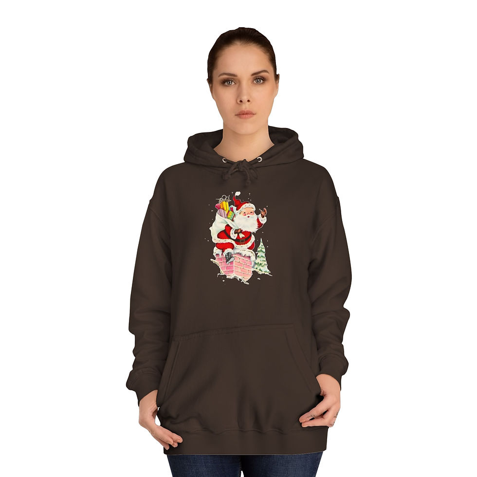 Thumbnail: Retro Christmas Hoodie Santa Going Down Chimney Cozy Sweatshirt w/Pockets 