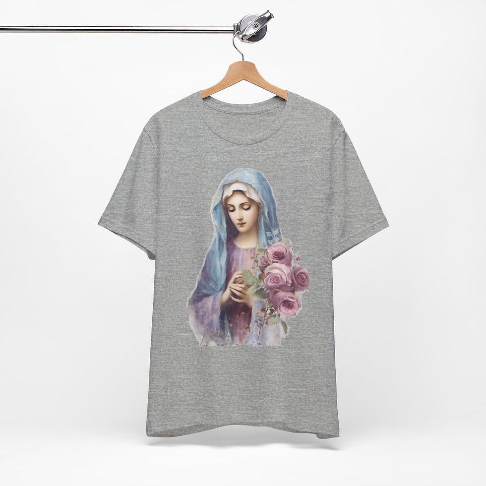 Thumbnail: Virgin Mary T-Shirt Shabby Pink Roses Ave Maria Art Tee Catholic Faith Gift