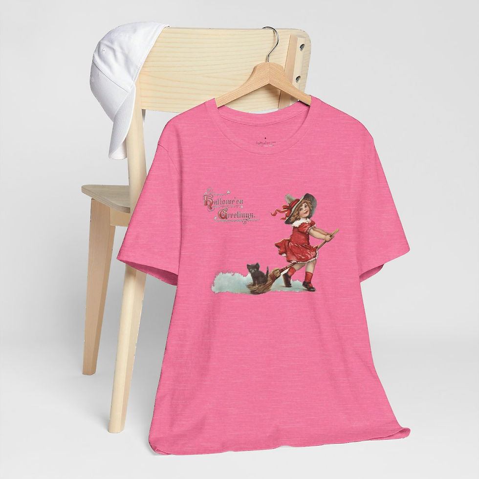 Thumbnail: Vintage Halloween T-Shirt Witch On Broom Black Cat Cute Art Tee Trendy Apparel